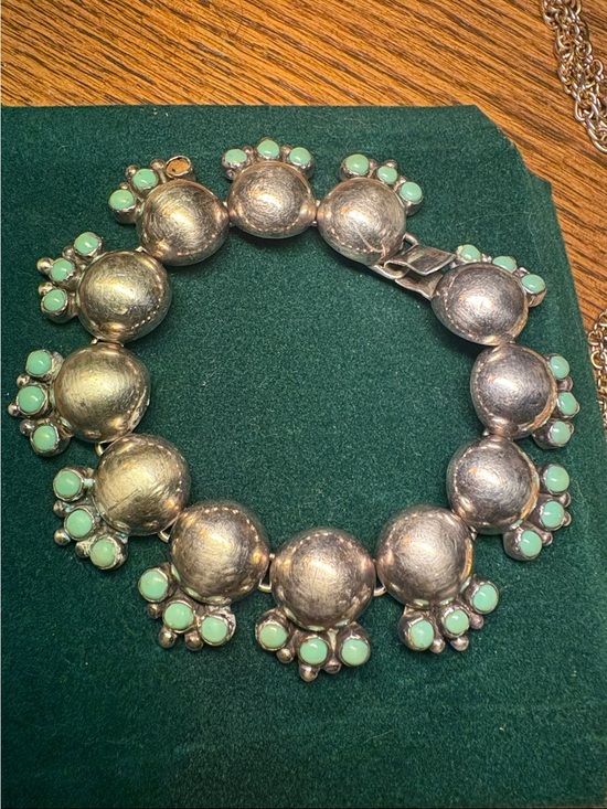 Taxco Jewelry - Antique 1970’s Sterling Silver Linked Turquoise Floral Bracelet Taxco Silver